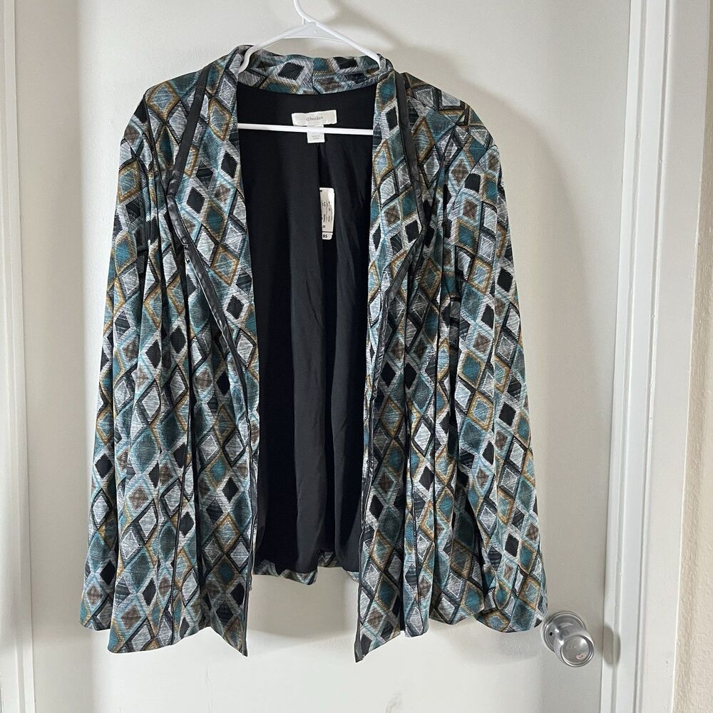 CJ Banks Women Sz 2X Top Jacker Cardigan Diamond Blue Gray Lined Open Front
